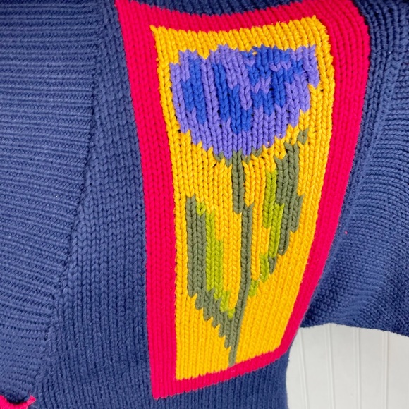 Mexx Europe Vintage Oversized Knit V-neck Sweater Navy Blue Tulip Flower Print - Picture 6 of 9